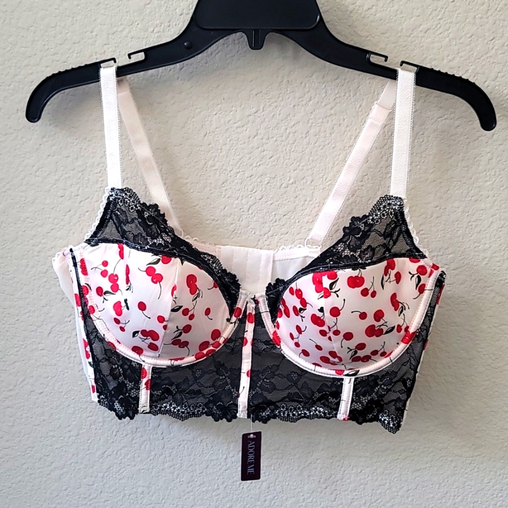 NWT Adore Me satin corset bra, cherry design with black lace - size 38D